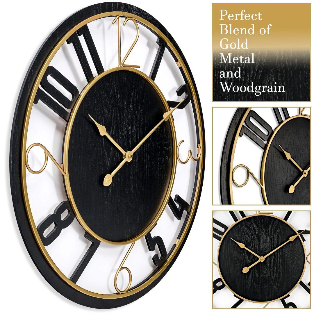 ZenVora 24 Inch Round Wooden Wall Clock, Modern Analog Clock with Numeral Design, Battery Operated