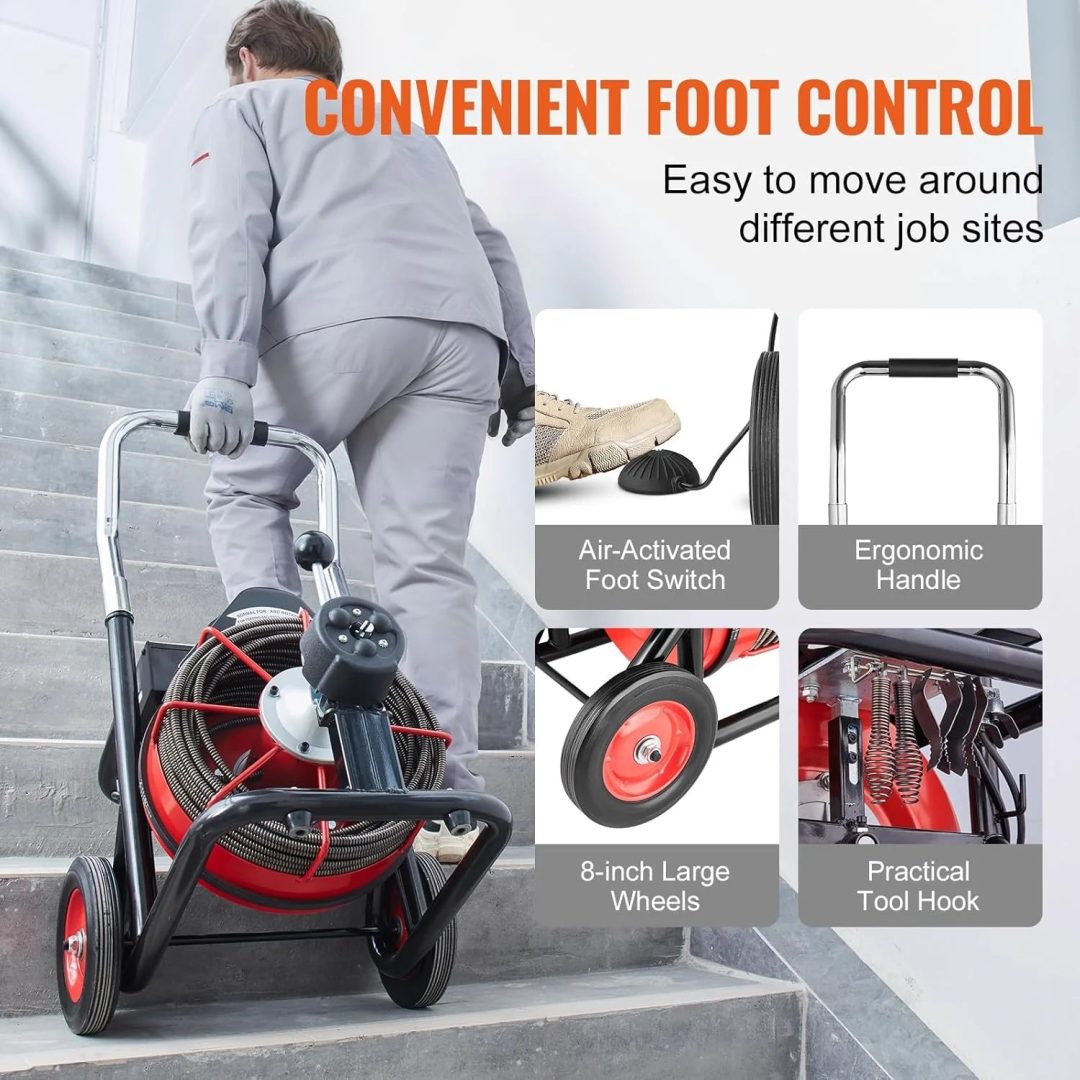 ZenVora 550W Drain Cleaning Machine, 100-Ft. x 1/2-Inch Sewer Snake Auger with 8 Cutters, Wheels and Foot Switch, for 2-4-Inch Pipes