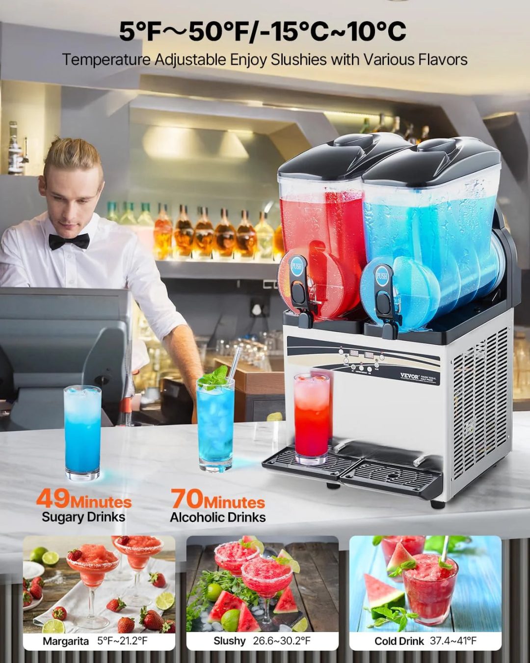 ZenVora 15L x 2 Double-Tank Commercial Slushy Machine, Stainless Steel, Frozen Drink Machine