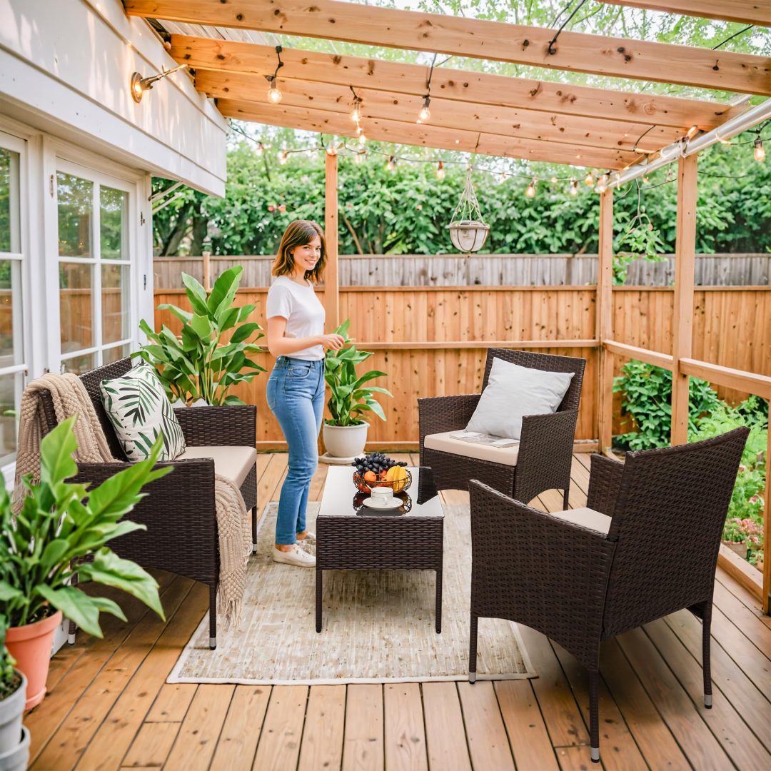 4-Piece Outdoor Patio Furniture Set, Rattan Wicker Chairs and Outdoor Seating Set