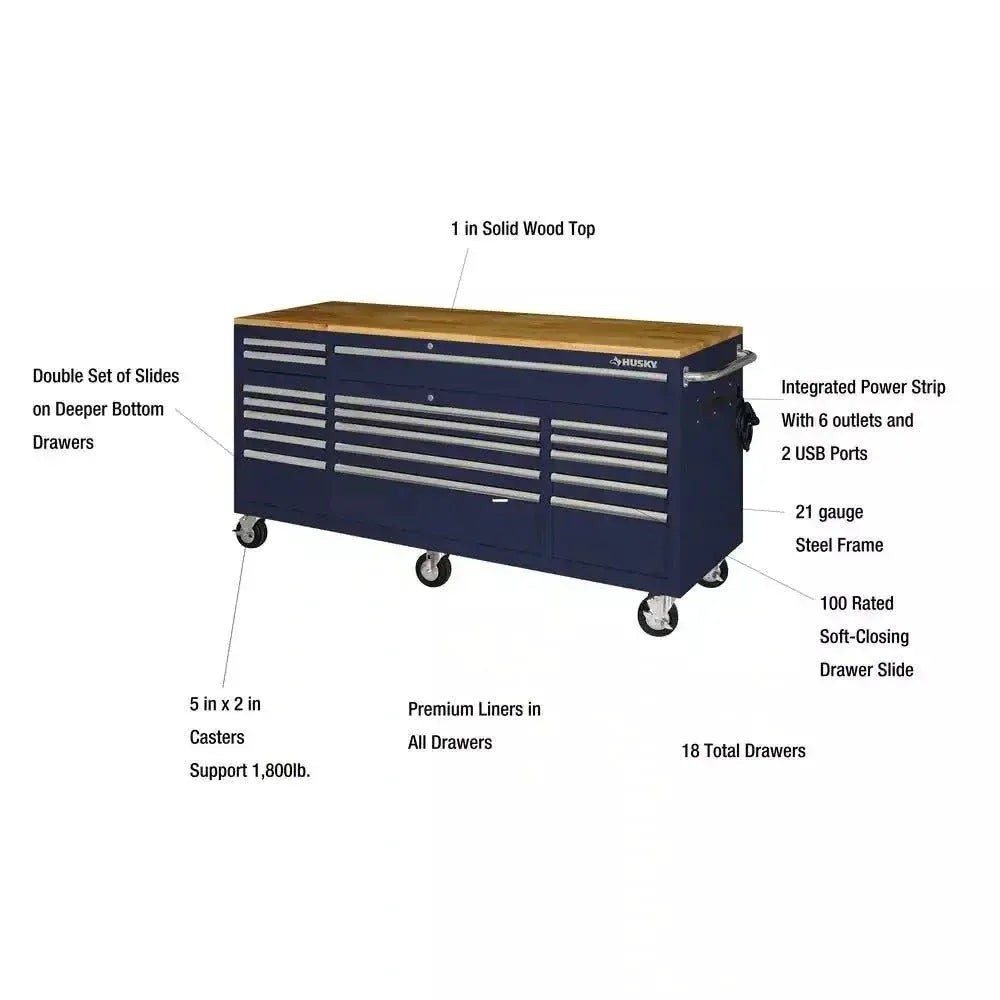ZenVora 72-Inch 18-Drawer Mobile Workbench with Solid Wood Top, Gloss Blue
