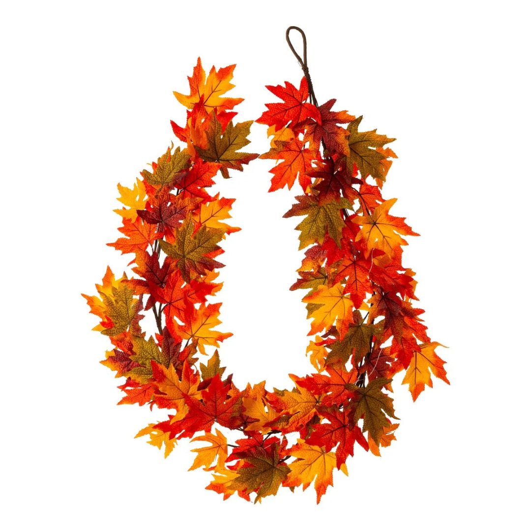 ZenVora Thanksgiving LED Lighted Fall Maple Leaf Wreath and Garland - Autumn Home Decor