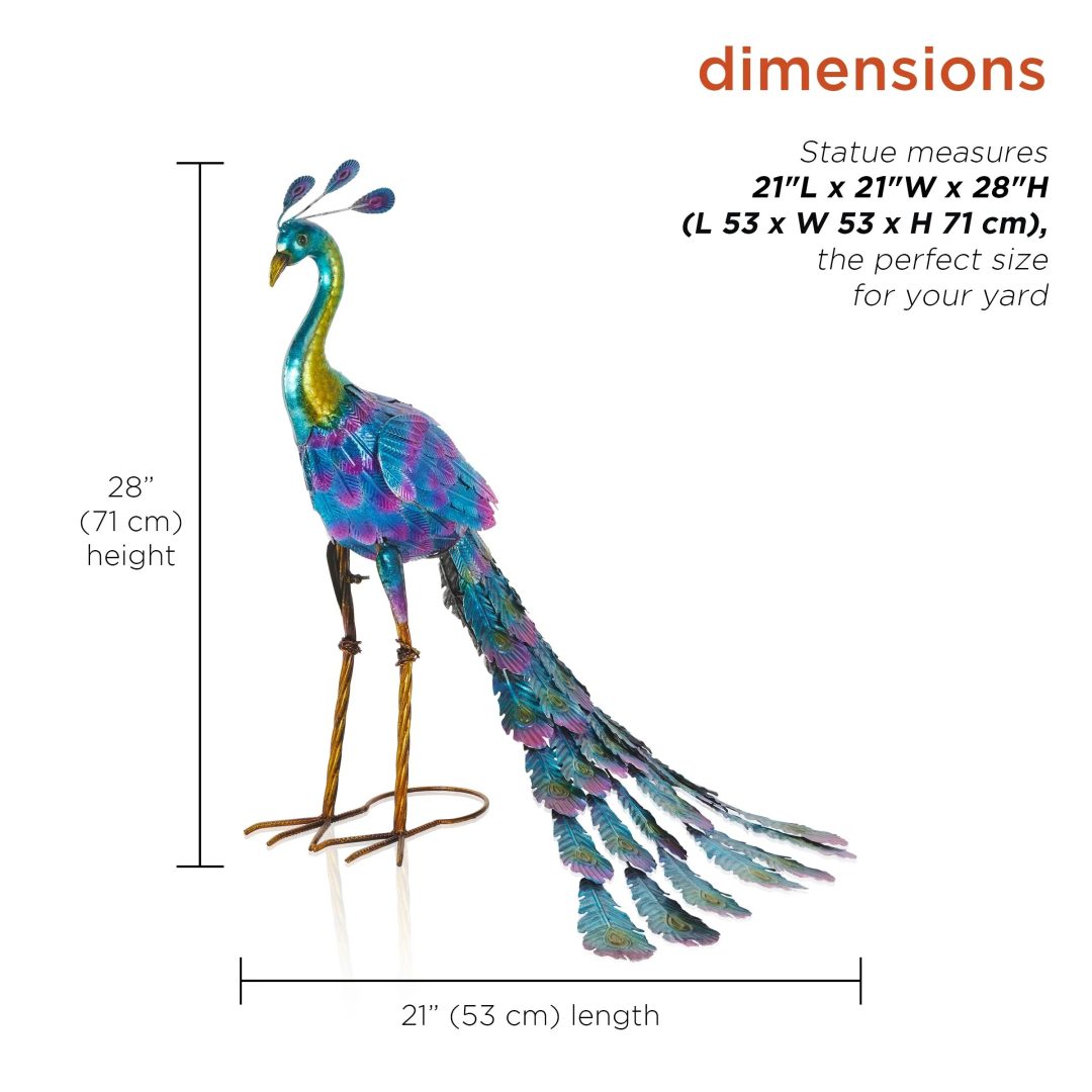 ZenVora Tall Metallic Peacock Garden Statue, Multicolor Outdoor Standing Bird Sculpture for Yard, Patio and Garden Decoration