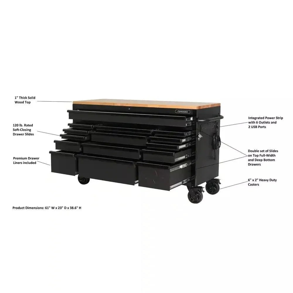 ZenVora 61-Inch W x 23-Inch D 15-Drawer Mobile Workbench with Solid Wood Top