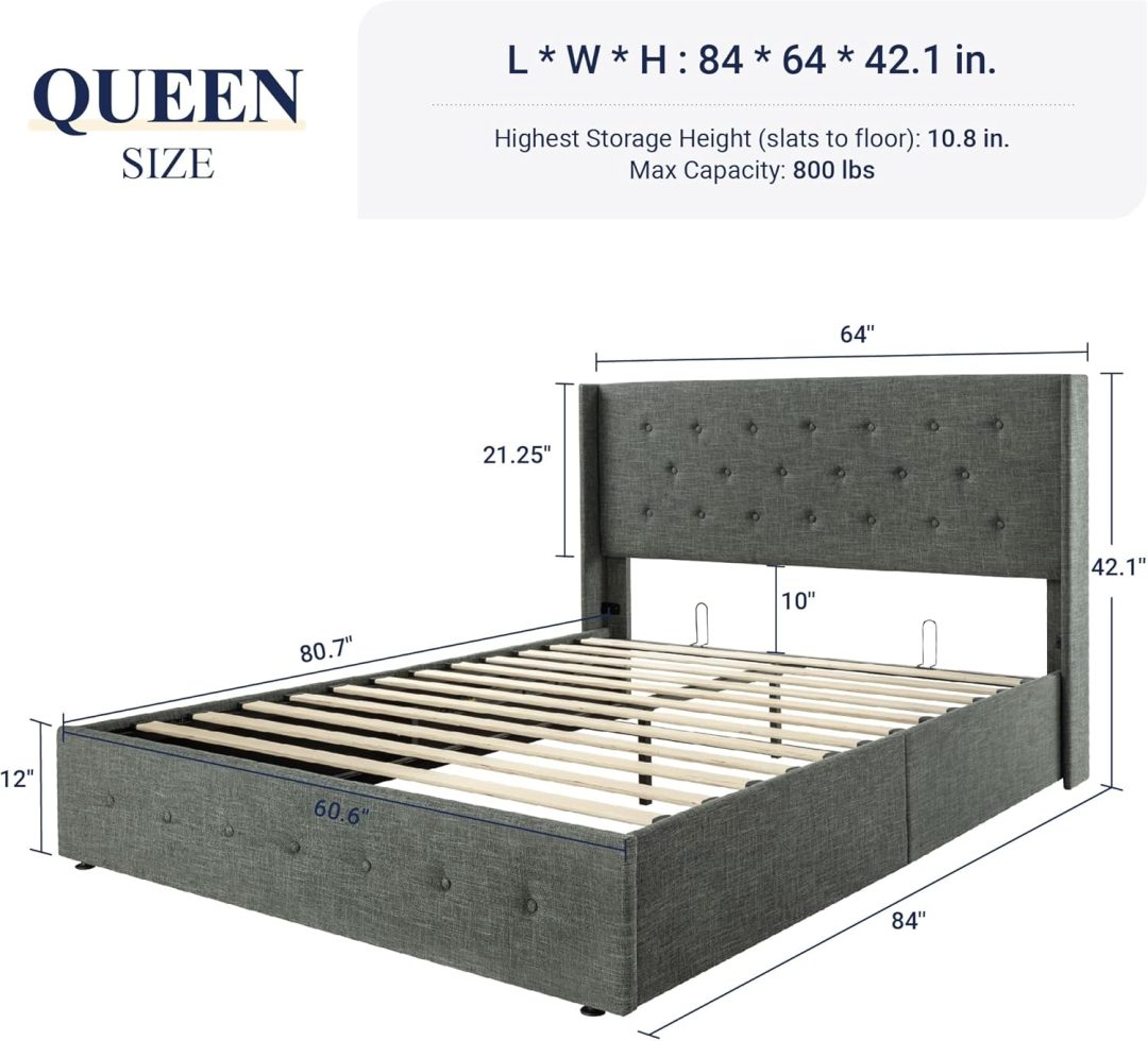ZenVora Queen Size Lift Up Storage Bed with Wingback Headboard, Upholstered Platform Bed Frame with Hidden Storage