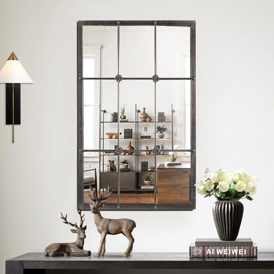 ZenVora Rustic Brown Windowpane Wall Mirror with Metal Frame, 37.75" H x 23.8" W