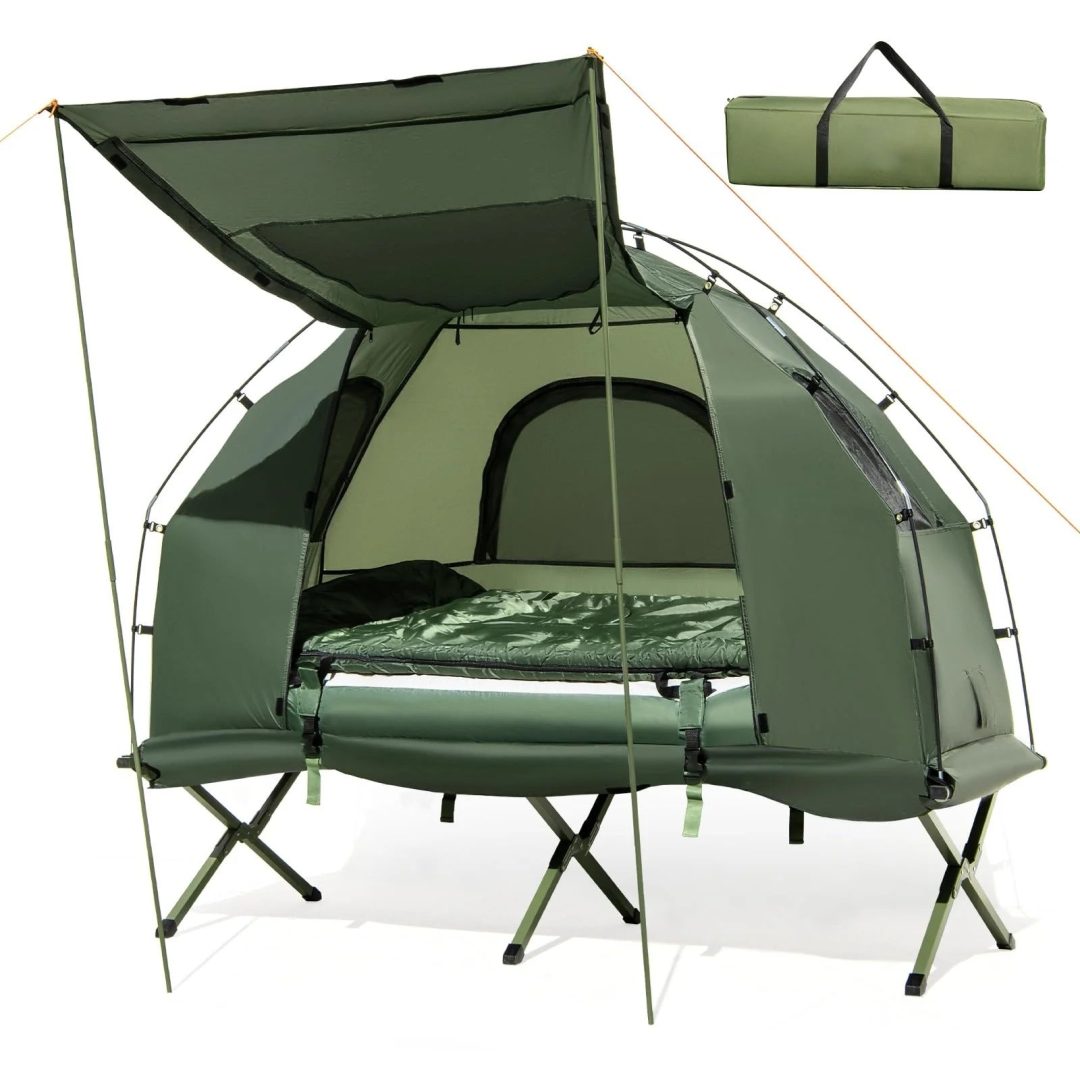 ZenVora 5-in-1 Camping Tent Cot with Air Mattress, Pillow, Sleeping Bag, Waterproof Elevated Folding Bed
