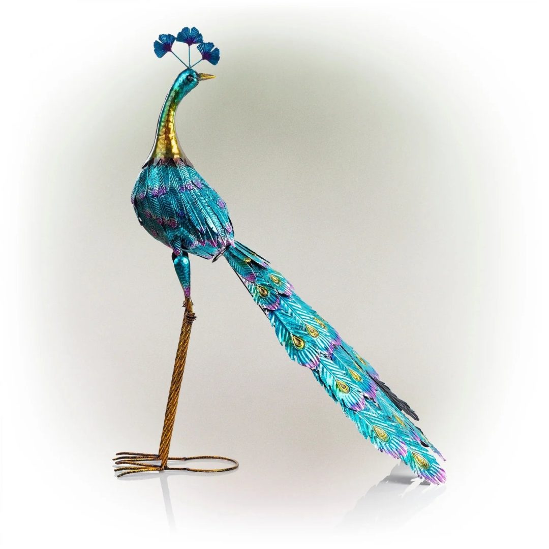 ZenVora Tall Metallic Peacock Garden Statue, Multicolor Outdoor Standing Bird Sculpture for Yard, Patio and Garden Decoration