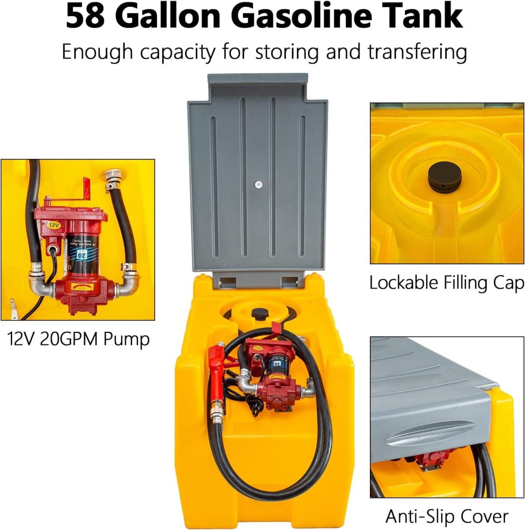 ZenVora 58-Gallon Portable Gasoline Fuel Tank with 12V Electric Transfer Pump, 40 GPM, 4-Meter Hose, Yellow