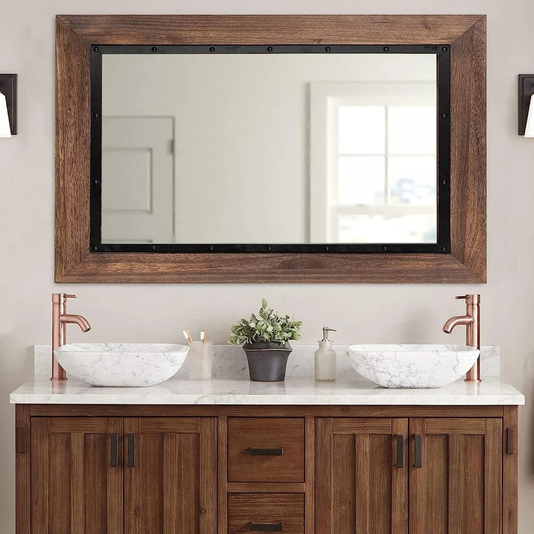 ZenVora Rustic Wood and Iron Framed Bathroom Vanity Mirror, Wall Mounted Farmhouse Mirror for Bathroom and Bedroom