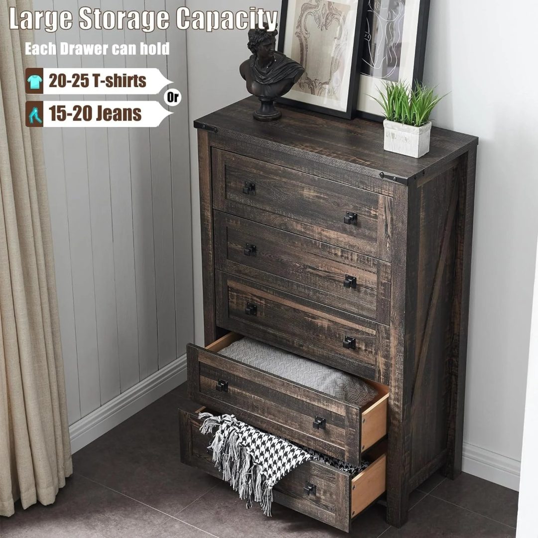 ZenVora 48 Inch Tall Farmhouse Wood Dresser, 5 Drawer Chest of Drawers for Bedroom