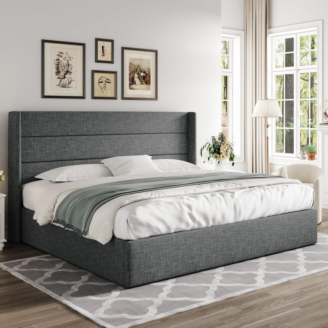 ZenVora Queen Size Lift Up Storage Bed with Wingback Headboard, Upholstered Platform Bed Frame with Hidden Storage