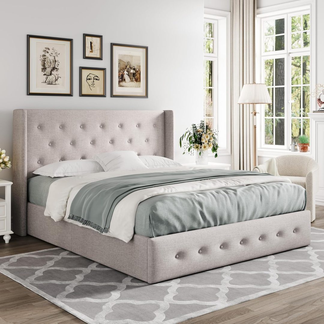 ZenVora Queen Size Lift Up Storage Bed with Wingback Headboard, Upholstered Platform Bed Frame with Hidden Storage
