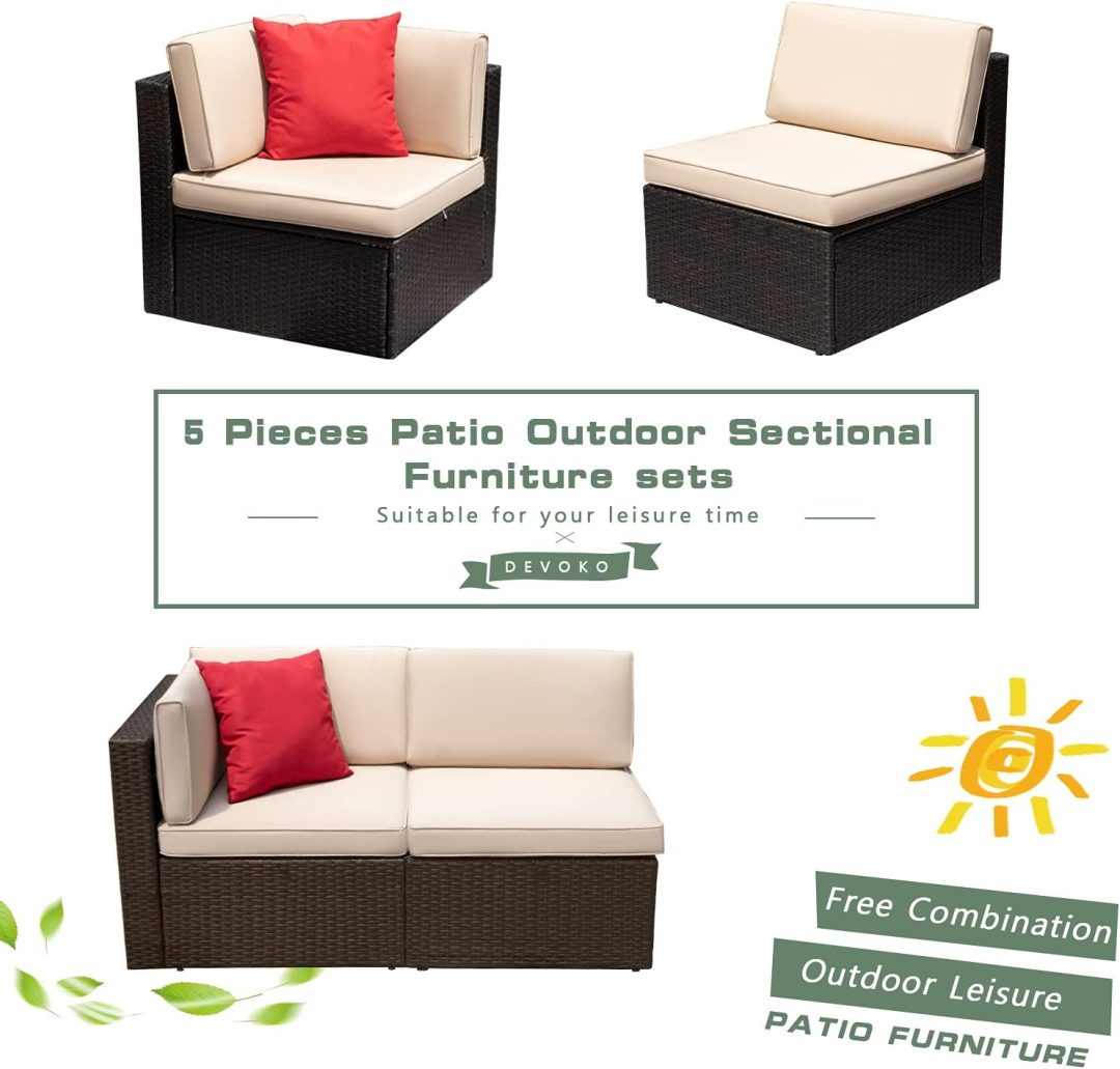 ZenVora 5-Piece All-Weather Patio Furniture Set with Cushions, Outdoor Wicker Conversation Sofa Set for Garden, Deck & Backyard