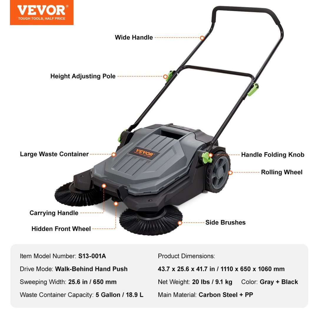 ZenVora Walk-Behind Hand Push Floor Sweeper, 5-Gallon Waste Container, Manual Outdoor Sweeping Machine