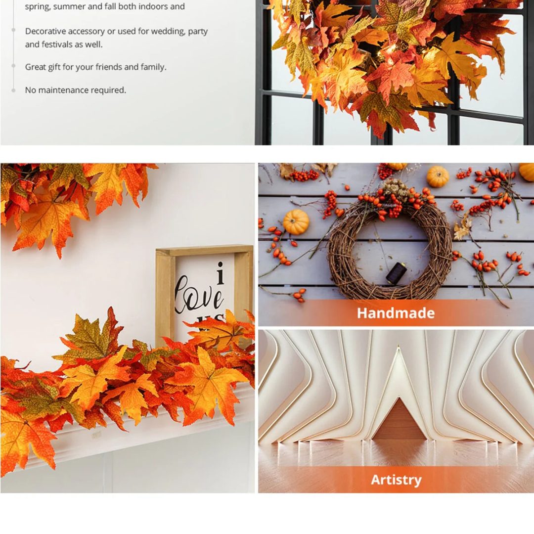 ZenVora Thanksgiving LED Lighted Fall Maple Leaf Wreath and Garland - Autumn Home Decor