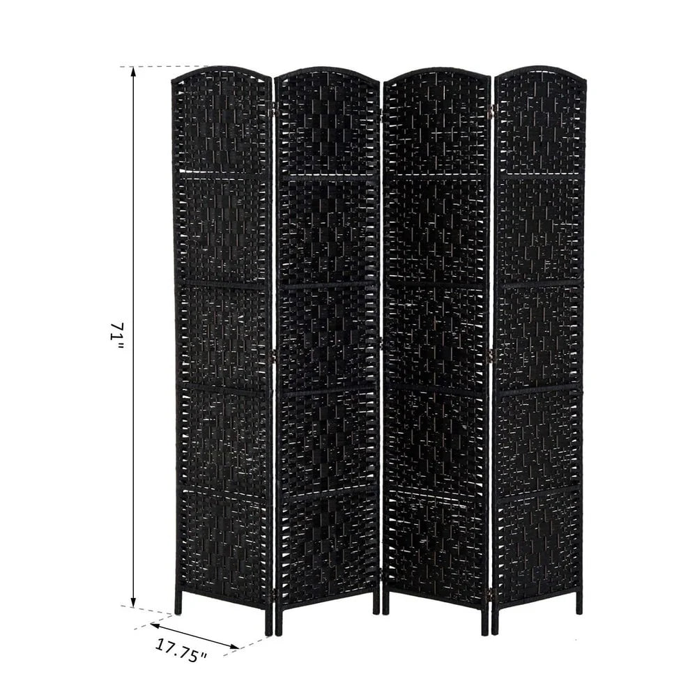 ZenVora 6 Ft Tall Four-Panel Wicker Weave Room Divider, Black Wood Privacy Screen