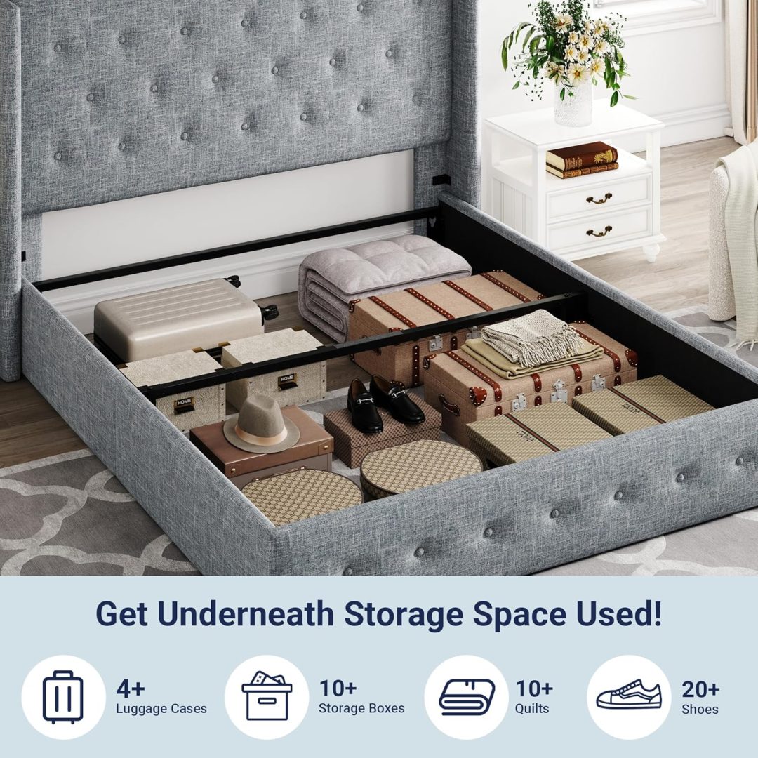 ZenVora Queen Size Lift Up Storage Bed with Wingback Headboard, Upholstered Platform Bed Frame with Hidden Storage