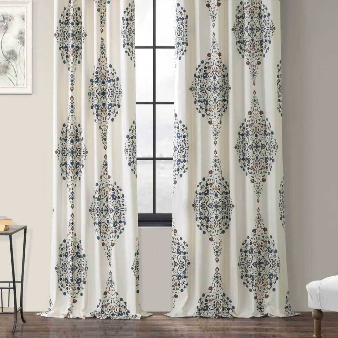 Medallion Damask Printed Cotton Room Darkening Curtain Panel, 1 Piece