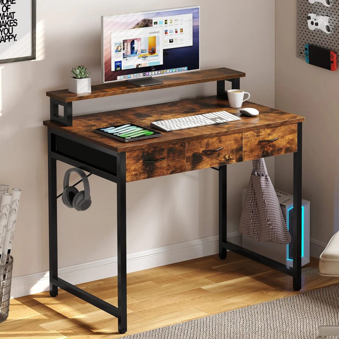 ZenVora Small Computer Desk with Fabric Drawers and Monitor Stand, Compact Home Office Workstation for Small Spaces