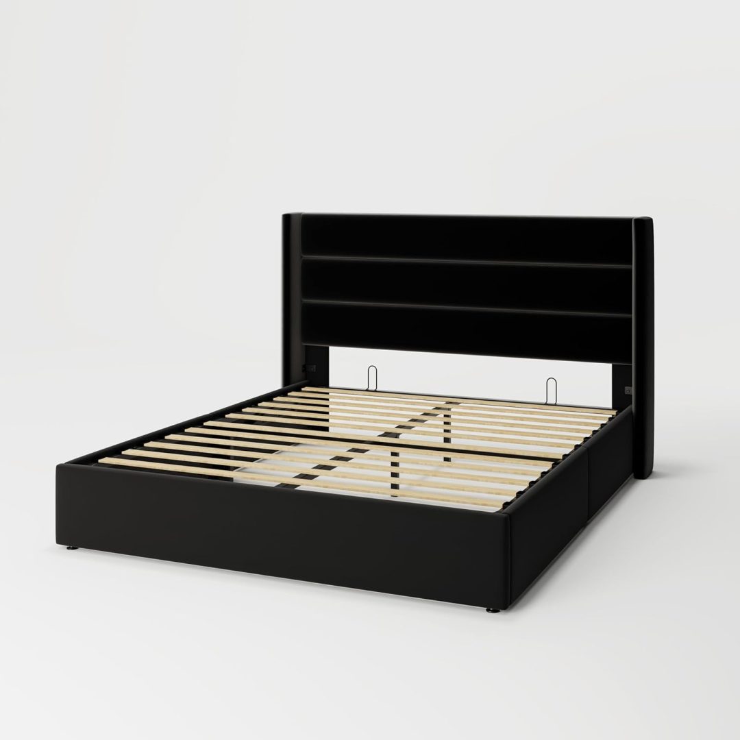 ZenVora Queen Size Lift Up Storage Bed with Wingback Headboard, Upholstered Platform Bed Frame with Hidden Storage