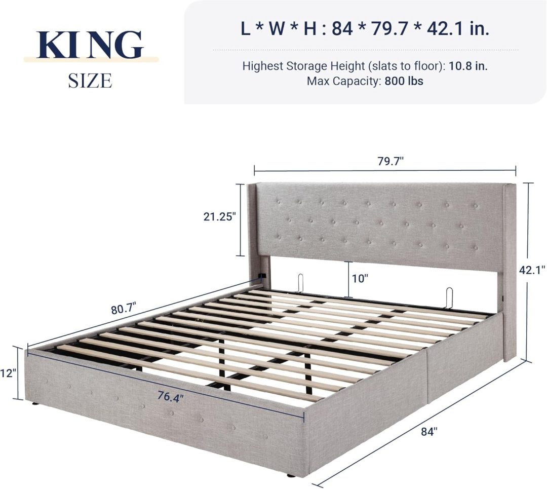 ZenVora Queen Size Lift Up Storage Bed with Wingback Headboard, Upholstered Platform Bed Frame with Hidden Storage