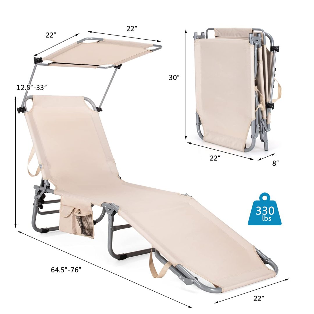 ZenVora Folding Lounge Chair with Canopy – Shade Chair with Storage Pocket