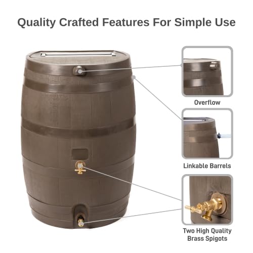 ZenVora 50 Gallon Rain Barrel with Brass Spigot, Large Outdoor Rainwater Collection and Storage Container for Garden