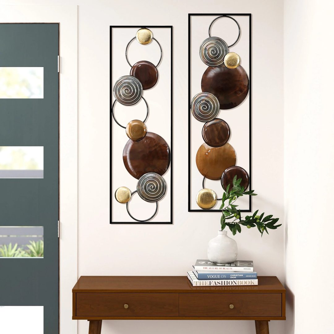 ZenVora Set of 2 Modern Gold and Brown Metal Wall Decor, Abstract Decorative Wall Art for Living Room, Bedroom and Home Decoration