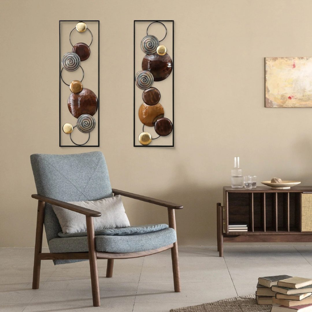 ZenVora Set of 2 Modern Gold and Brown Metal Wall Decor, Abstract Decorative Wall Art for Living Room, Bedroom and Home Decoration