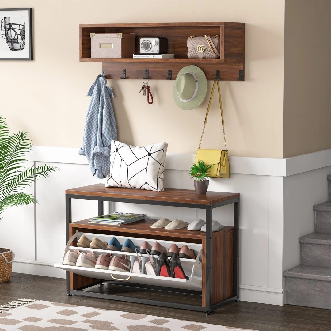 ZenVora Entryway Coat Rack and Shoe Bench Set, Industrial Hall Tree with Coat and Shoe Storage