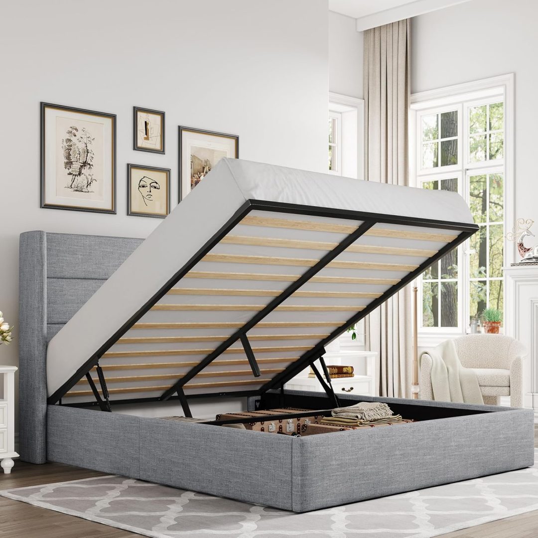 ZenVora Queen Size Lift Up Storage Bed with Wingback Headboard, Upholstered Platform Bed Frame with Hidden Storage