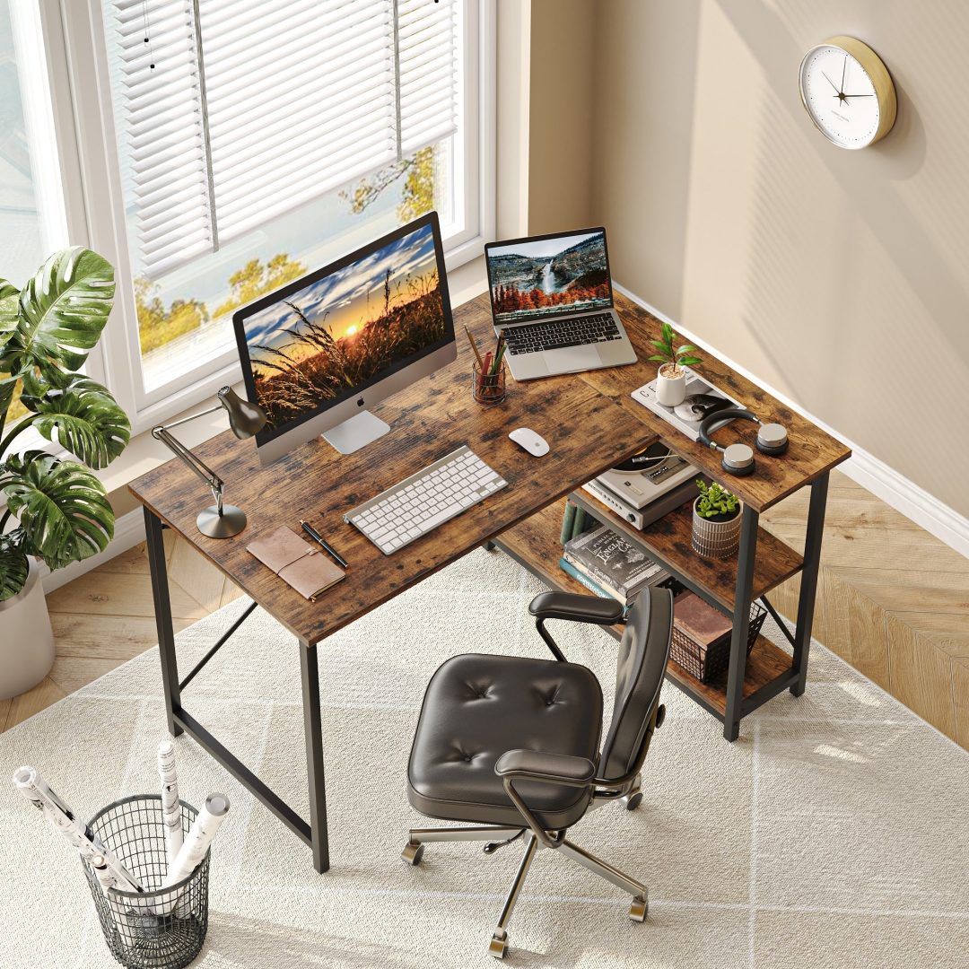 ZenVora Small L Shaped Computer Desk with Storage Shelves, Compact Corner Workstation for Home Office and Study