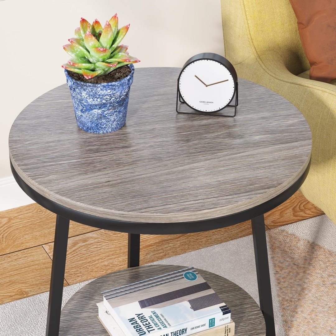 ZenVora Industrial Round End Table, Small Side Table and Accent Coffee Table for Living Room and Bedroom