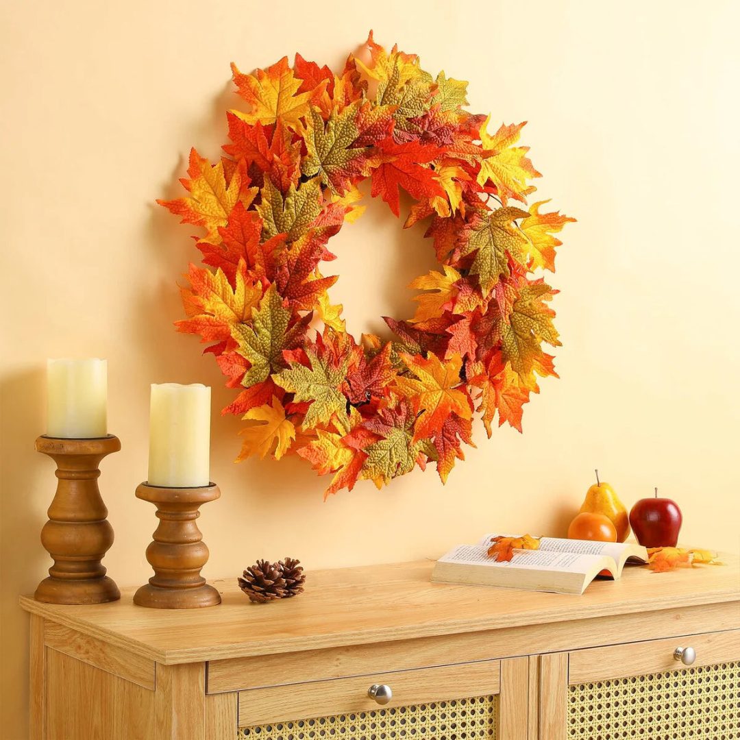 ZenVora Thanksgiving LED Lighted Fall Maple Leaf Wreath and Garland - Autumn Home Decor