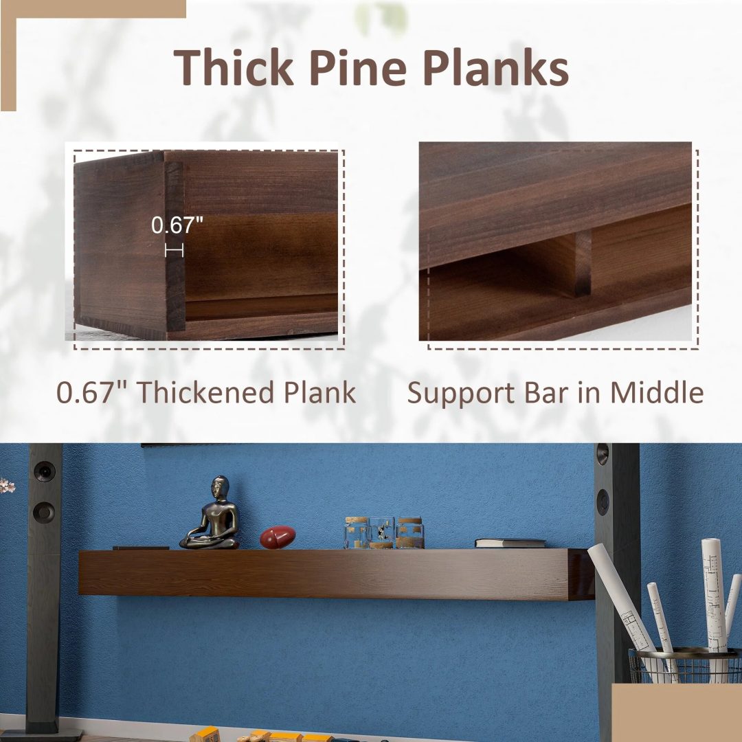 ZenVora 72 Inch Solid Pine Fireplace Mantel, Wall Mounted Floating Shelf in Brown
