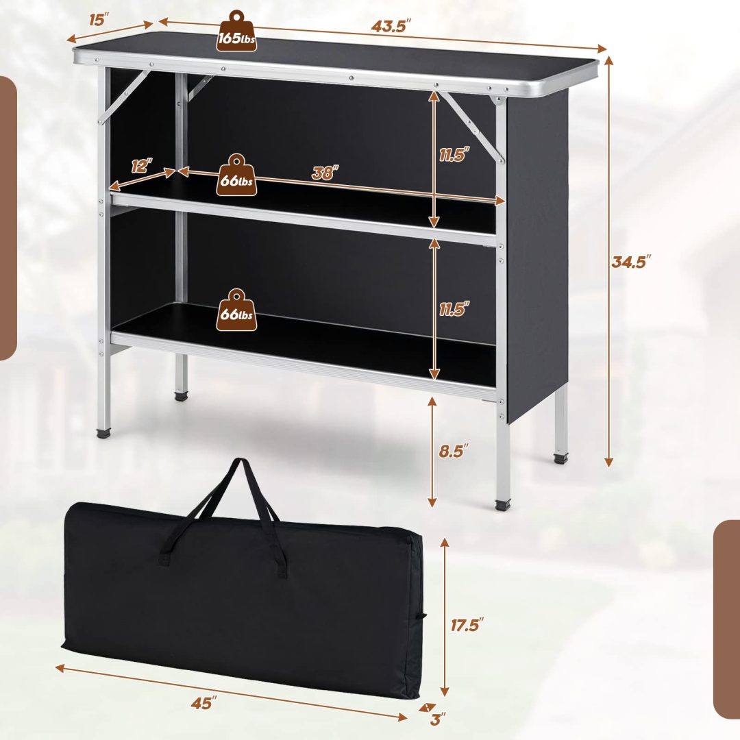 ZenVora Folding Camping Table, Aluminum Portable Pop-Up Bar Table with 2-Tier Storage Shelves