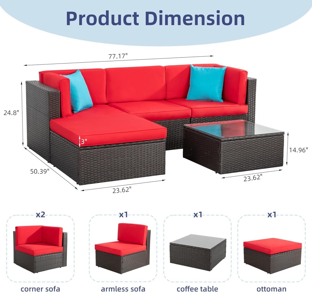 ZenVora 5-Piece All-Weather Patio Furniture Set with Ottoman, Outdoor Wicker Conversation Sofa Set with Cushions for Garden, Deck & Backyard