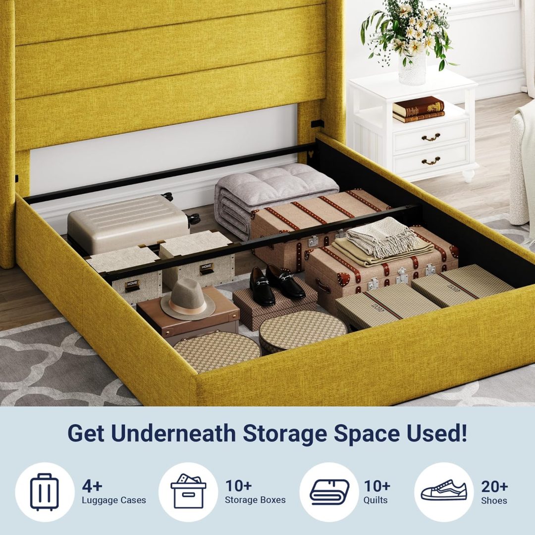 ZenVora Queen Size Lift Up Storage Bed with Wingback Headboard, Upholstered Platform Bed Frame with Hidden Storage