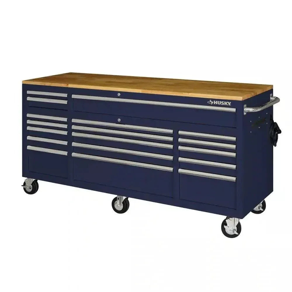 ZenVora 72-Inch 18-Drawer Mobile Workbench with Solid Wood Top, Gloss Blue