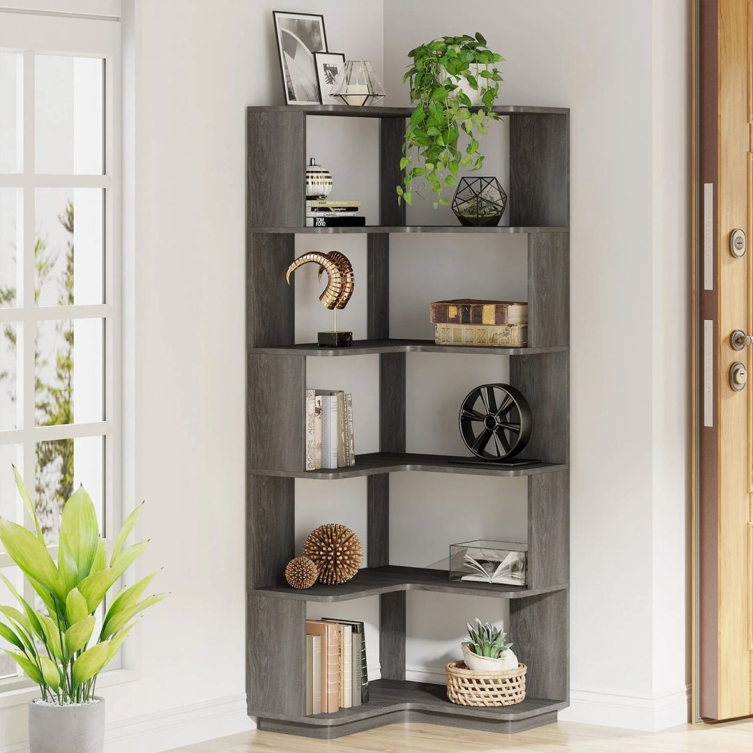ZenVora 64.9 Inch Tall 6-Tier Corner Bookshelf, Freestanding Wood Industrial Bookcase