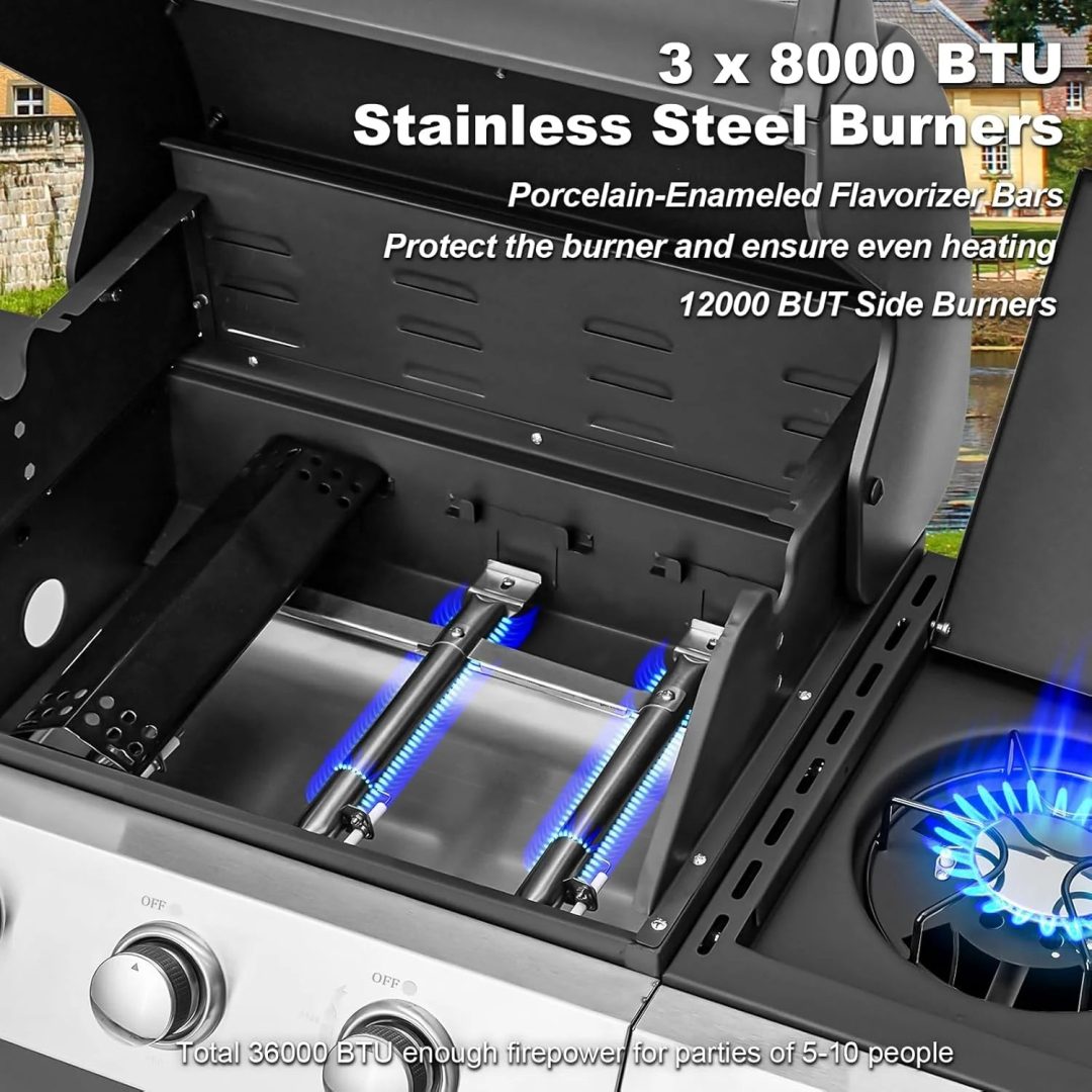 ZenVora 4-Burner Propane Gas Grill with Cast Iron Grates, Side Stove and 44,000 BTU Stainless Steel Burners
