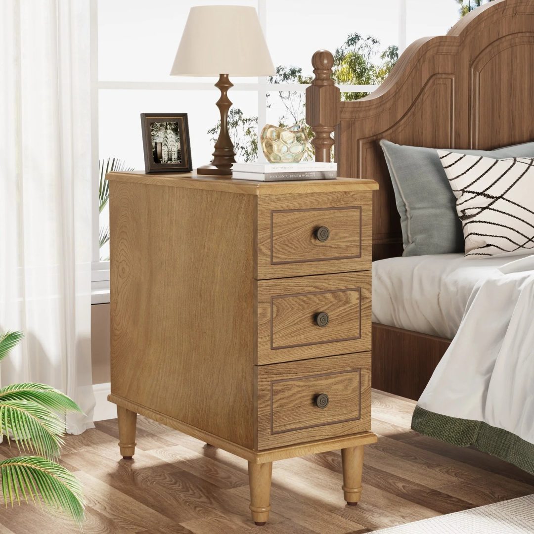 ZenVora Fully Assembled Narrow End Table, Solid Wood Side Table with 3 Drawers, Vintage Nightstand for Small Spaces
