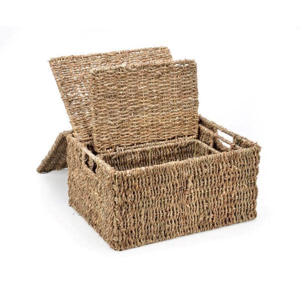 ZenVora Set of 3 Small Rectangular Seagrass Baskets with Lids, Woven Storage Baskets
