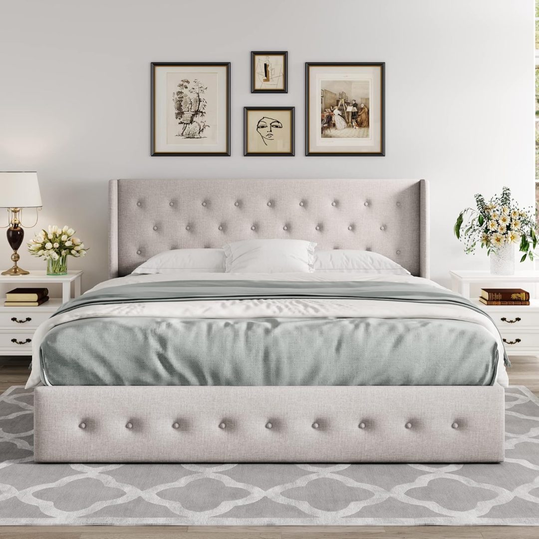 ZenVora Queen Size Lift Up Storage Bed with Wingback Headboard, Upholstered Platform Bed Frame with Hidden Storage