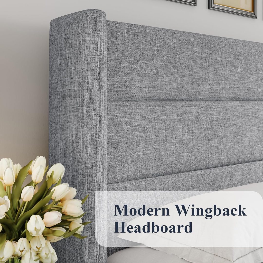 ZenVora Queen Size Lift Up Storage Bed with Wingback Headboard, Upholstered Platform Bed Frame with Hidden Storage