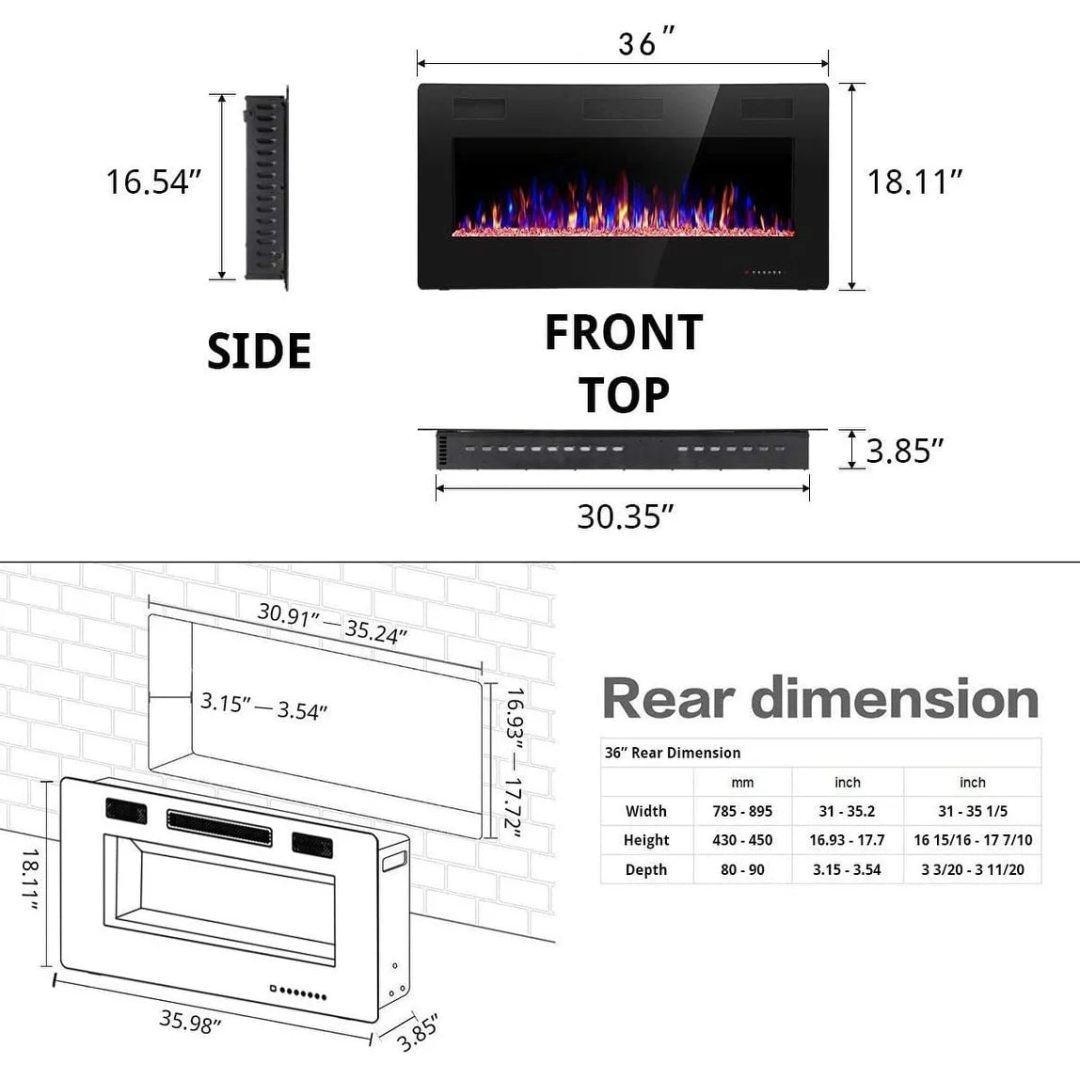 ZenVora Recessed Electric Fireplace Heater, Wall Mounted 750-1500W Fireplace with Remote Control