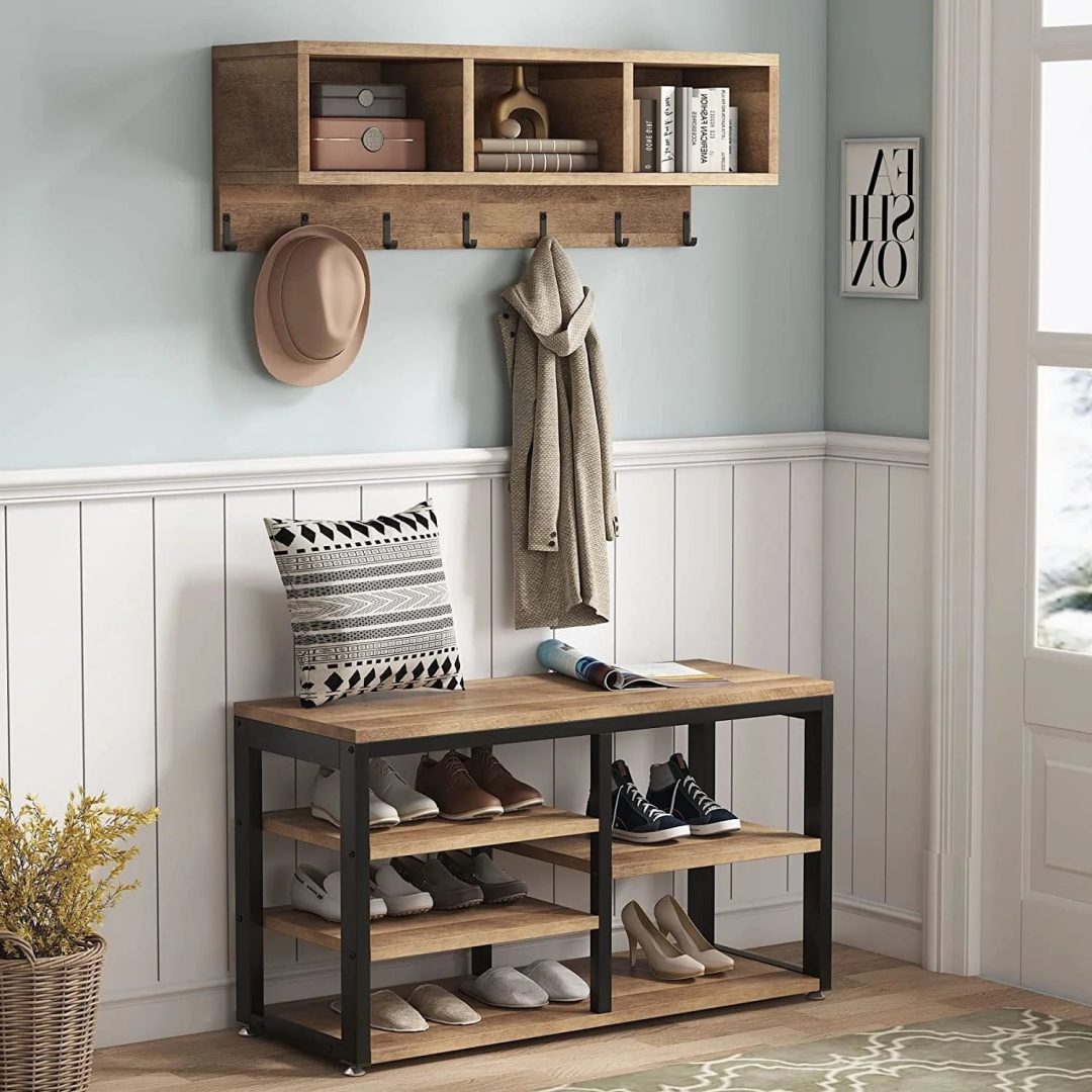 ZenVora Entryway Coat Rack and Shoe Bench Set, Industrial Hall Tree with Coat and Shoe Storage