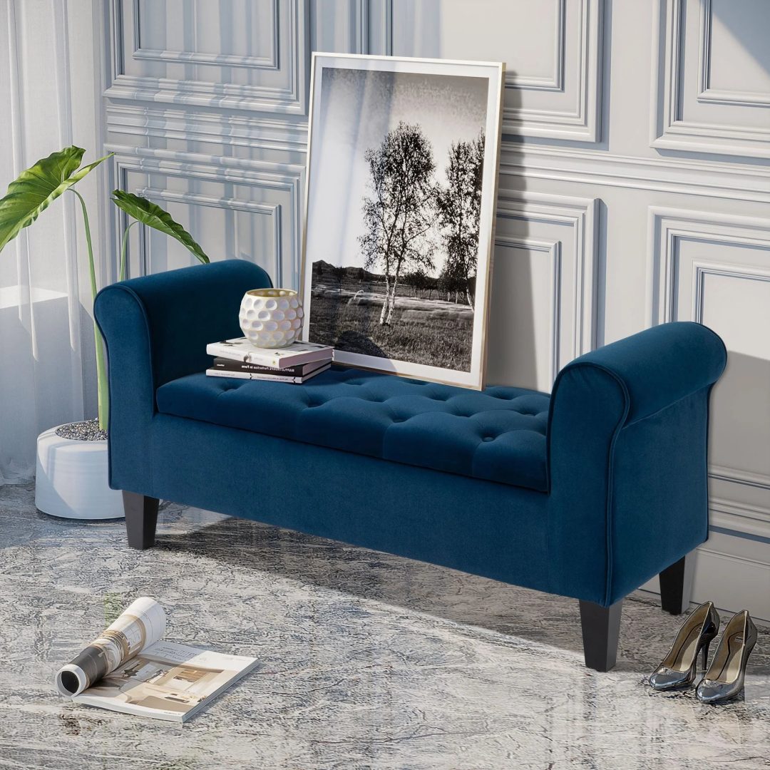 ZenVora Button-Tufted Storage Ottoman Bench, Upholstered Bed Bench with Rolled Armrests for Bedroom, Living Room and Hallway