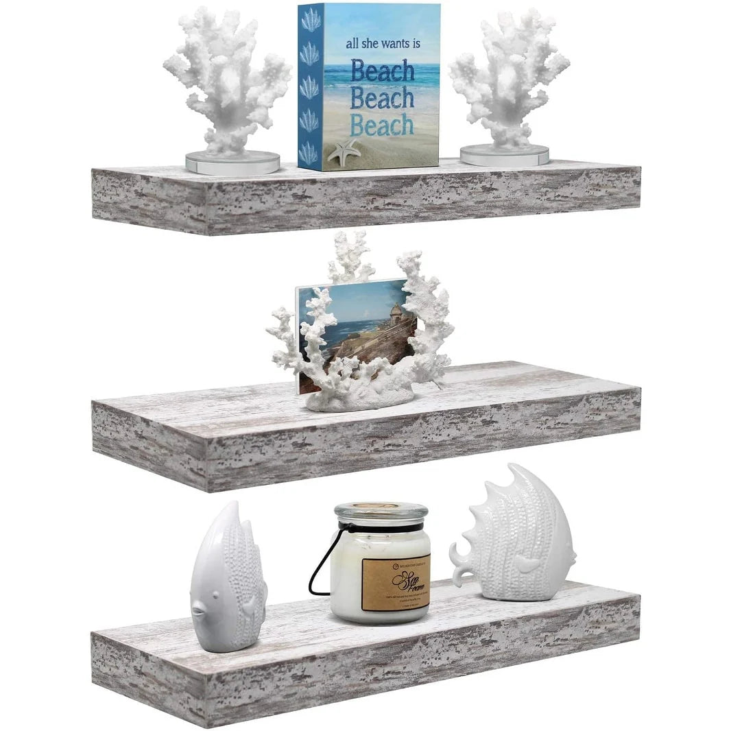 ZenVora 3-Pack Rustic Wood Floating Wall Shelves, Beach Style Hanging Display and Storage Shelves